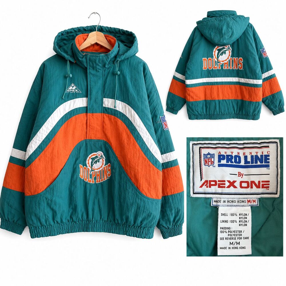 VTG NFL Pro Line Apex One Miami Dolphins 1/2 Zip Jacket Hooded Men’s Size Medium